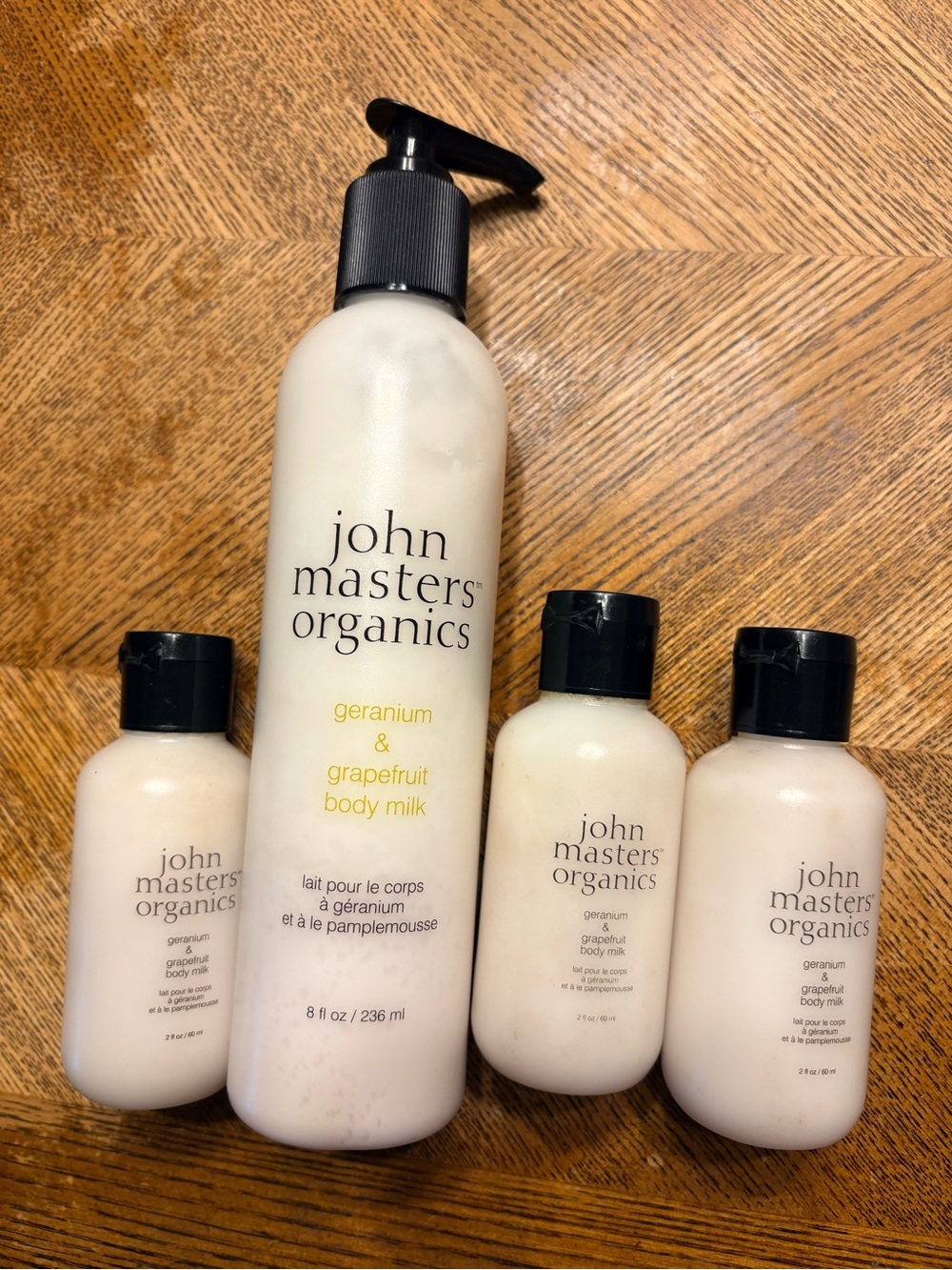 John Masters Organics Geranium & Grapefruit Body Milk set-1 full & 3 travelsized